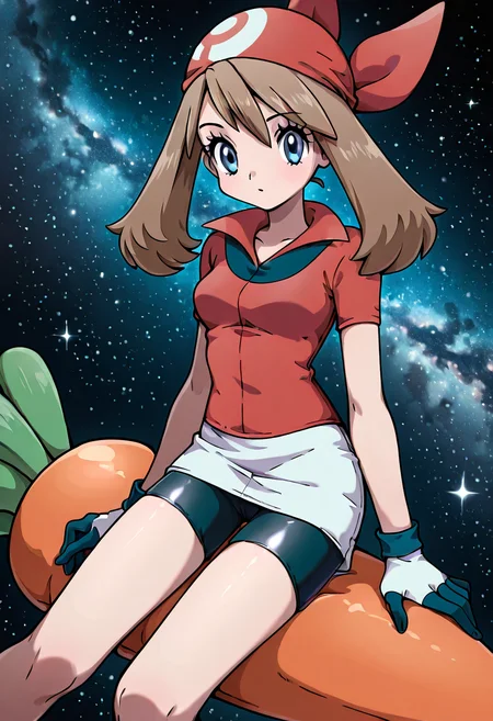 masterpiece, best quality, 1girl, solo, eyelashes, (beautiful eyes), may (pokemon), 1girl, bandana, bike shorts, red bandana, gloves, skirt, space, sitting on a big floating carrot, stars, ,<lora:LittleMyMay_KarotConCarneIL:1.0>,