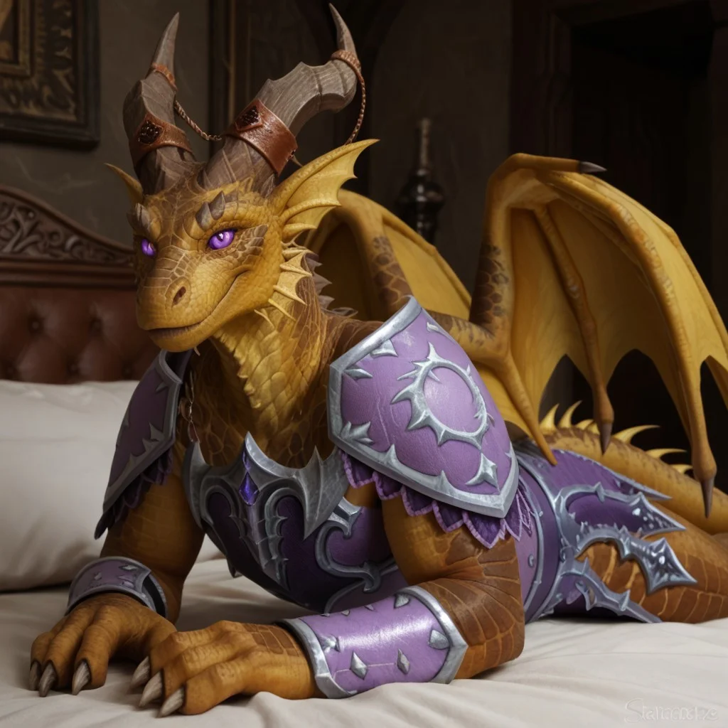 score_9, score_8_up, score_7_up, score_6_up, score_5_up, score_4_up, masterpiece, high quality, realistic, detailed, best quality, white bed, solo, rating_safe, source_furry, bedroom, smiling, seductive, looking at viewer, lying on belly, anthro, ((detailed eyes)), detailed face, good_hands, sakareth_wc, dragon, dracthyr, yellow scales, wings, horns, head frills, neck frill, claws, male, 1boy, purple eyes, tail, tail frills, black slit eyes, armor, shoulder armor, bracers, chest armor