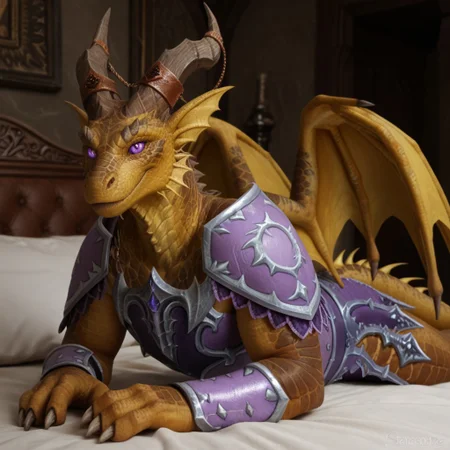 score_9, score_8_up, score_7_up, score_6_up, score_5_up, score_4_up, masterpiece, high quality, realistic, detailed, best quality, white bed, solo, rating_safe, source_furry, bedroom, smiling, seductive, looking at viewer, lying on belly, anthro, ((detailed eyes)), detailed face, good_hands, sakareth_wc, dragon, dracthyr, yellow scales, wings, horns, head frills, neck frill, claws, male, 1boy, purple eyes, tail, tail frills, black slit eyes, armor, shoulder armor, bracers, chest armor