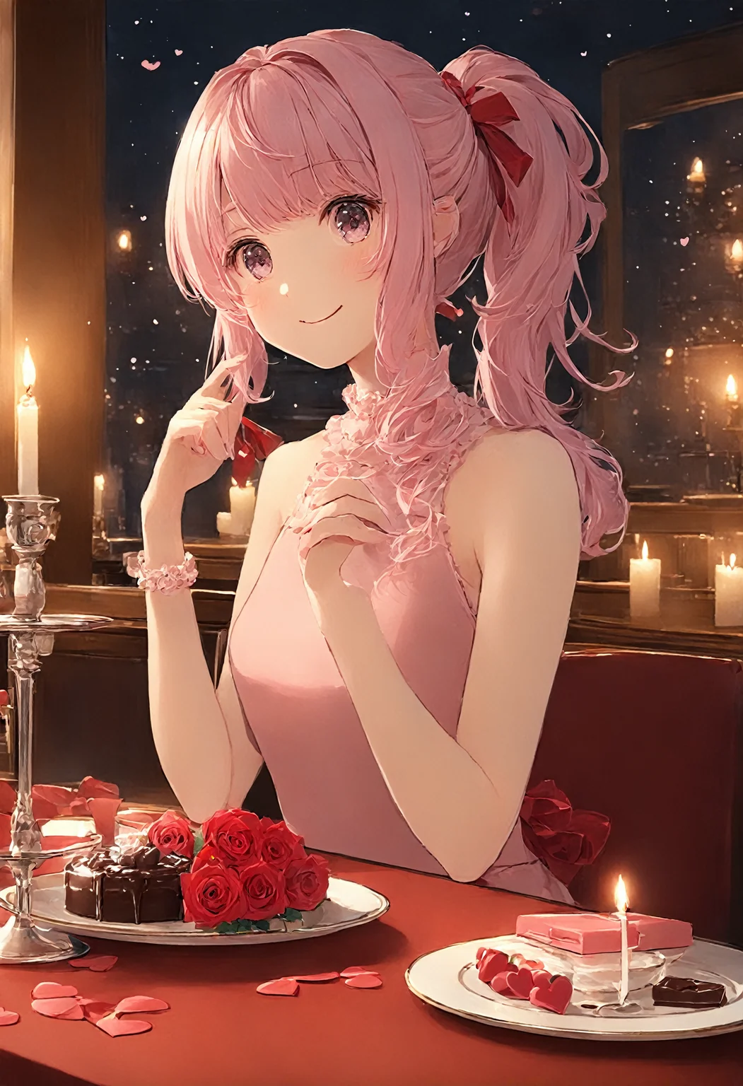 masterpiece, best quality, 4k, 8k, 1girl, medium breasts, pink hair, silver eyes, ponytail, pink dress, (hearts), red ribbon, valentine, rose, chocolate, restaurant, accross table, candlelight, (smile:0.8), <lora:naughty_to_nice_XL_v1.0:-5>