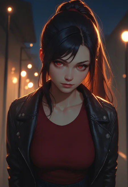 score_8_up, score_7_up , score_9, black hair, long hair, ponytail, solo, red eyes, dynamic lighting, medium breasts, leather jacket, red tanktop, jeans, standing, dynamic angle, night, (face close-up:1.4),leaning, cheeky