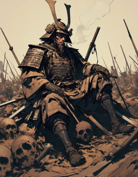 An aged Japanese samurai in traditional armor and helmet,sitting on top of a mountain of corpses on the battlefield of Sekigahara. He is a middle-aged man with a rugged,weathered appearance. He is smoking a rolled cigarette,with smoke rising from his mouth. A sword is stuck in the ground beside him. The scene is somber and grim,with the remnants of the battle scattered around him,