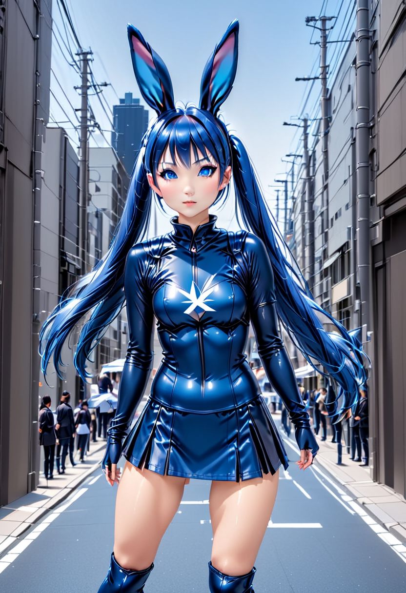 Bunny Goddess Blue Idoru. A beautiful young Japanese woman. Petite and slender. She has blue eyes and blue hair in twin-tails. She is wearing a skimpy bunny suit. Cute idol pose on a city street.