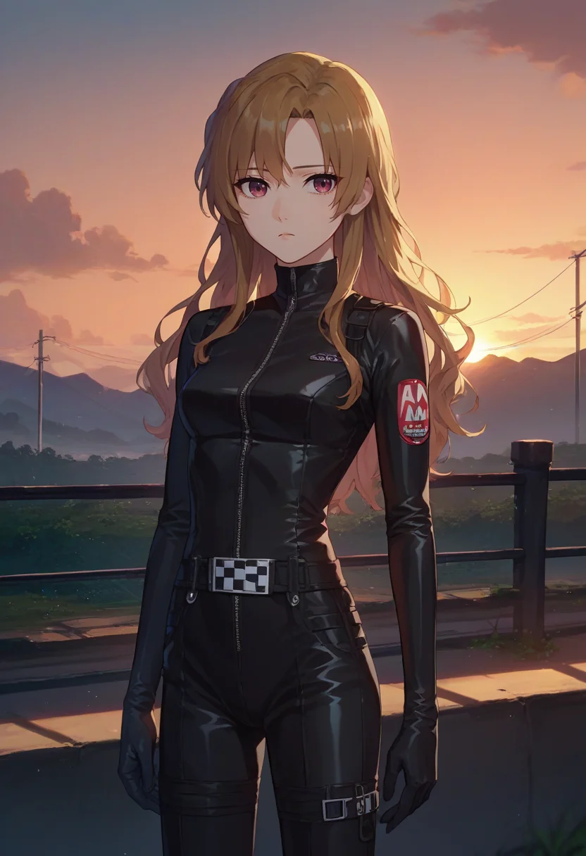 score_9, score_8_up, score_7_up, source_anime, solo, 1girl, kiryu moeka, expressionless, looking at viewer, standing, biker clothes, black bodysuit, black gloves, outdoors, sunset <lora:steinsgate_kiryu_ponyXL:1>