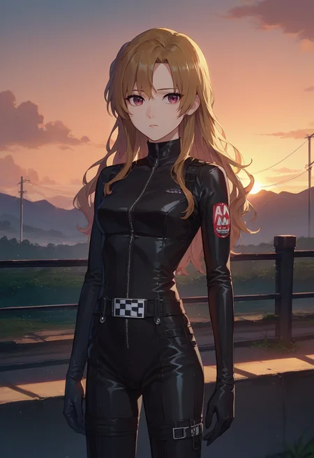 score_9, score_8_up, score_7_up, source_anime, solo, 1girl, kiryu moeka, expressionless, looking at viewer, standing, biker clothes, black bodysuit, black gloves, outdoors, sunset <lora:steinsgate_kiryu_ponyXL:1>