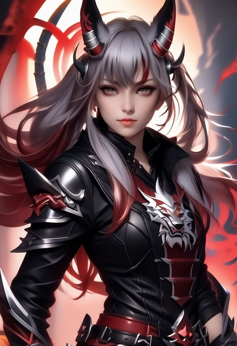 A triple-horned female teen rogue wearing ((leather armor)), black suit, oni girl with wolf-ears, dangerous Kemonomimi waif, brunette assassin, tiefling thief, black hair, three small horns, [onii (Shuna, Hakurou) horns], tri-horns on forhead (masterpiece:1.5), (best quality), (disharmonic + ugly + unaesthetic:1.5)
