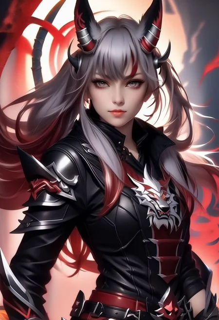 A triple-horned female teen rogue wearing ((leather armor)), black suit, oni girl with wolf-ears, dangerous Kemonomimi waif, brunette assassin, tiefling thief, black hair, three small horns, [onii (Shuna, Hakurou) horns], tri-horns on forhead (masterpiece:1.5), (best quality), (disharmonic + ugly + unaesthetic:1.5)