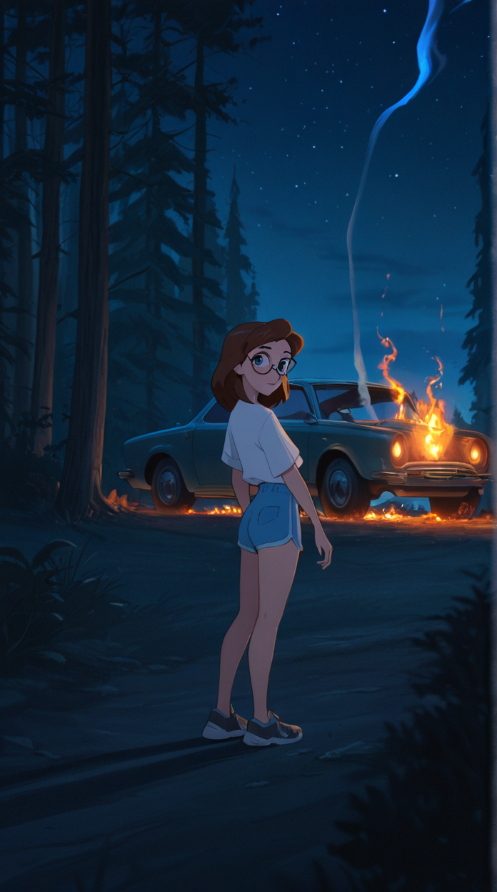 disney animation,
best quality, amazing quality, very aesthetic, dynamic lighting, incredibly absurdres, highres, masterpiece, newest,
1girl, solo, looking at viewer, shirt, standing, white shirt, short sleeves, outdoors, sky, shorts, glasses, medium hair, tree, night, glowing, blue fire, star \(sky\), night sky, nature, motor vehicle, smoke, starry sky, blue shorts, forest, car, burning,
<lora:Disney_Animation_v5-V7:1>âââ