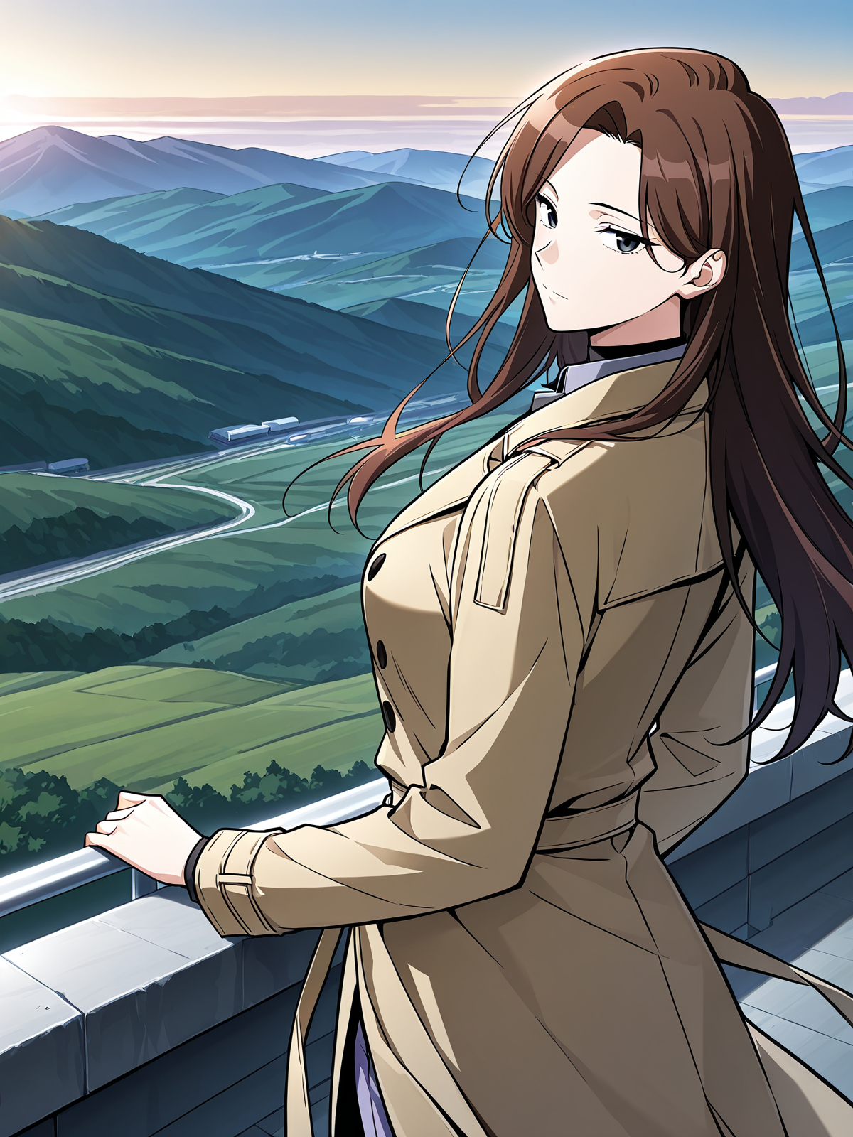 <lora:Omniscient_Readers_Viewpoint__Lee_Sookyun:1>
1 girl, solo, long hair, brown hair, straight hair, center parted hair, black eyes, 
beige trench coat, long coat, double breasted coat, tied waist belt, black undershirt, navy dress shirt, lavender pants, white slip-on shoes,
score_9, score_8_up, score_7_up, source anime, BREAK, cowboy shot, (from side), looking back, looking at viewer, overlooking mountain, high altitude, scenery, exterior, background
