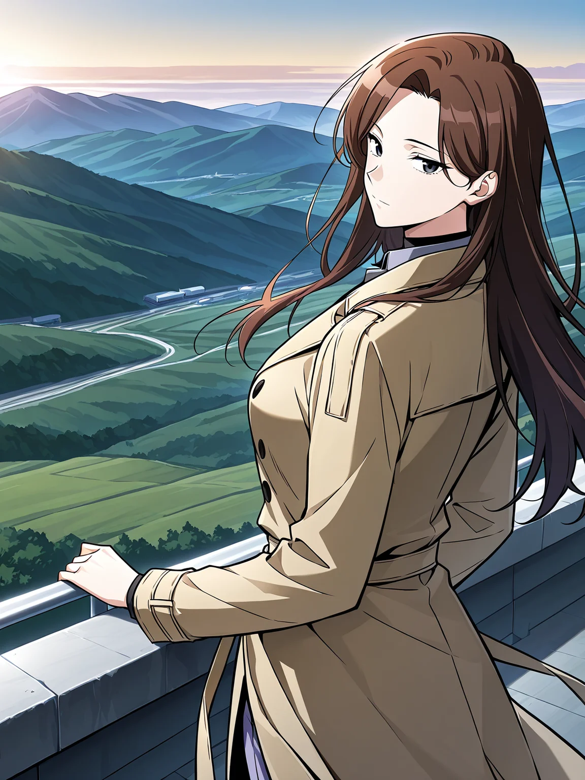 <lora:Omniscient_Readers_Viewpoint__Lee_Sookyun:1>
1 girl, solo, long hair, brown hair, straight hair, center parted hair, black eyes,
beige trench coat, long coat, double breasted coat, tied waist belt, black undershirt, navy dress shirt, lavender pants, white slip-on shoes,
score_9, score_8_up, score_7_up, source anime, BREAK, cowboy shot, (from side), looking back, looking at viewer, overlooking mountain, high altitude, scenery, exterior, background