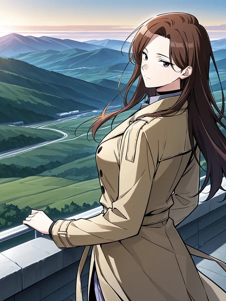 <lora:Omniscient_Readers_Viewpoint__Lee_Sookyun:1>
1 girl, solo, long hair, brown hair, straight hair, center parted hair, black eyes,
beige trench coat, long coat, double breasted coat, tied waist belt, black undershirt, navy dress shirt, lavender pants, white slip-on shoes,
score_9, score_8_up, score_7_up, source anime, BREAK, cowboy shot, (from side), looking back, looking at viewer, overlooking mountain, high altitude, scenery, exterior, background