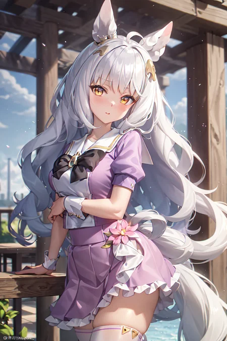 masterpiece, best quality,
biwa hayahide \(umamusume\),
tracen school uniform, purple shirt, pleated skirt, puffy short sleeves, white skirt, puffy sleeves, summer uniform, frilled skirt, sailor collar, sailor shirt, miniskirt, frills, white thighhighs
<lora:biwa_hayahide_locon_1.0:0.6>