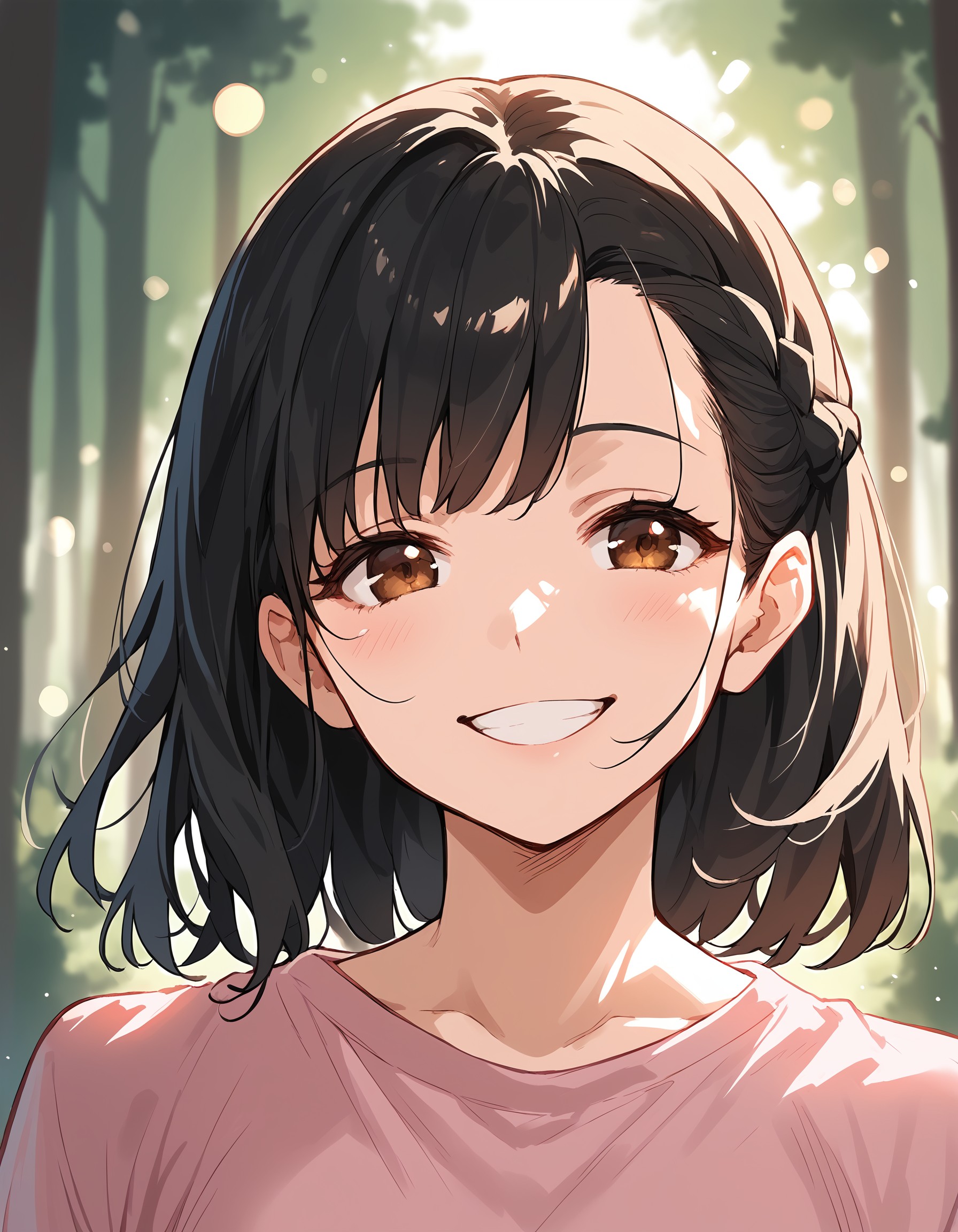 score_9, score_8_up, score_7_up, source_anime, 
1girl, black hair, brown eyes, french braid, medium hair, long hair
smile, 
pink shirt, crewneck, 
bokeh, outdoors, forest, portrait, close-up, face focus