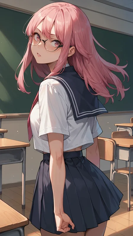 score_9,score_8_up,score_7_up,score_6_up, <lora:xl_more_art-full_v1:0.5>, source_anime, girl, dynamic pose, arms behind her back, <lora:Kazuho Haneyama (Pop Step) - Pony:0.8>, pink hair, long hair, pink eyes, round glasses, bangs, school uniform, classroom,