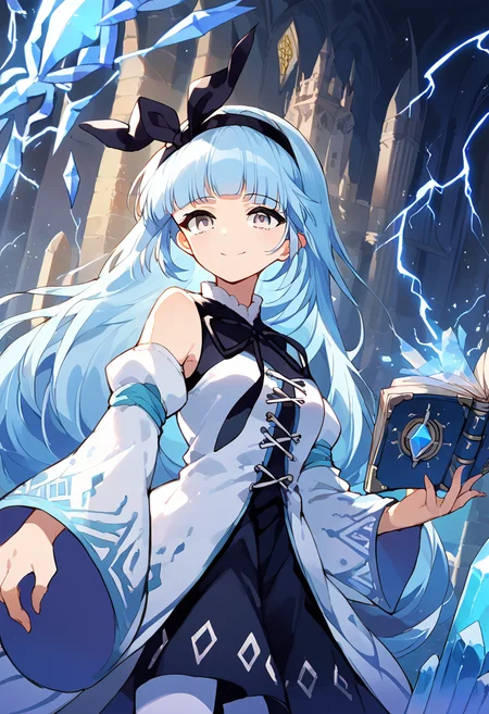 score_9,score_8_up,score_7_up,source_anime,zPDXL3,fantasy,castle,architecture,upper body,blue sky,
*//*,<lora:ArchMageIL_Pony:1>,archmage_il,1girl,solo,blue hair,long hair,blunt bangs,grey eyes,detached sleeves,white sleeves,white thighhighs,white dress,long sleeves,wide sleeves,bare shoulders,black ribbon,black hairband,black bow,magic,open book,staff,holding staff,crystal,floating object,lightning,electricity,electrokinesis,light smile,
*//*,looking at viewer,cowboy shot,dutch angle,shielding with hands.,