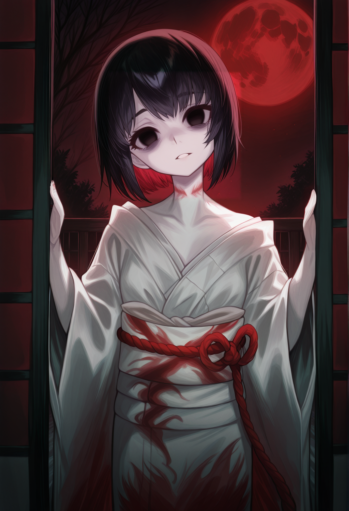 horror \(theme\), night, red moon, sliding doors,  1girl, neck mark, short hair, black eyes, white kimono, obi, rope, pale skin, monster girl, head tilt, looking at viewer, empty eyes  <lora:Sae_Kurosawa_fatal_frame_illus:1> <lora:mochi_illus:1>, masterpiece, best quality, amazing quality, very aesthetic, absurdres, highres, newest