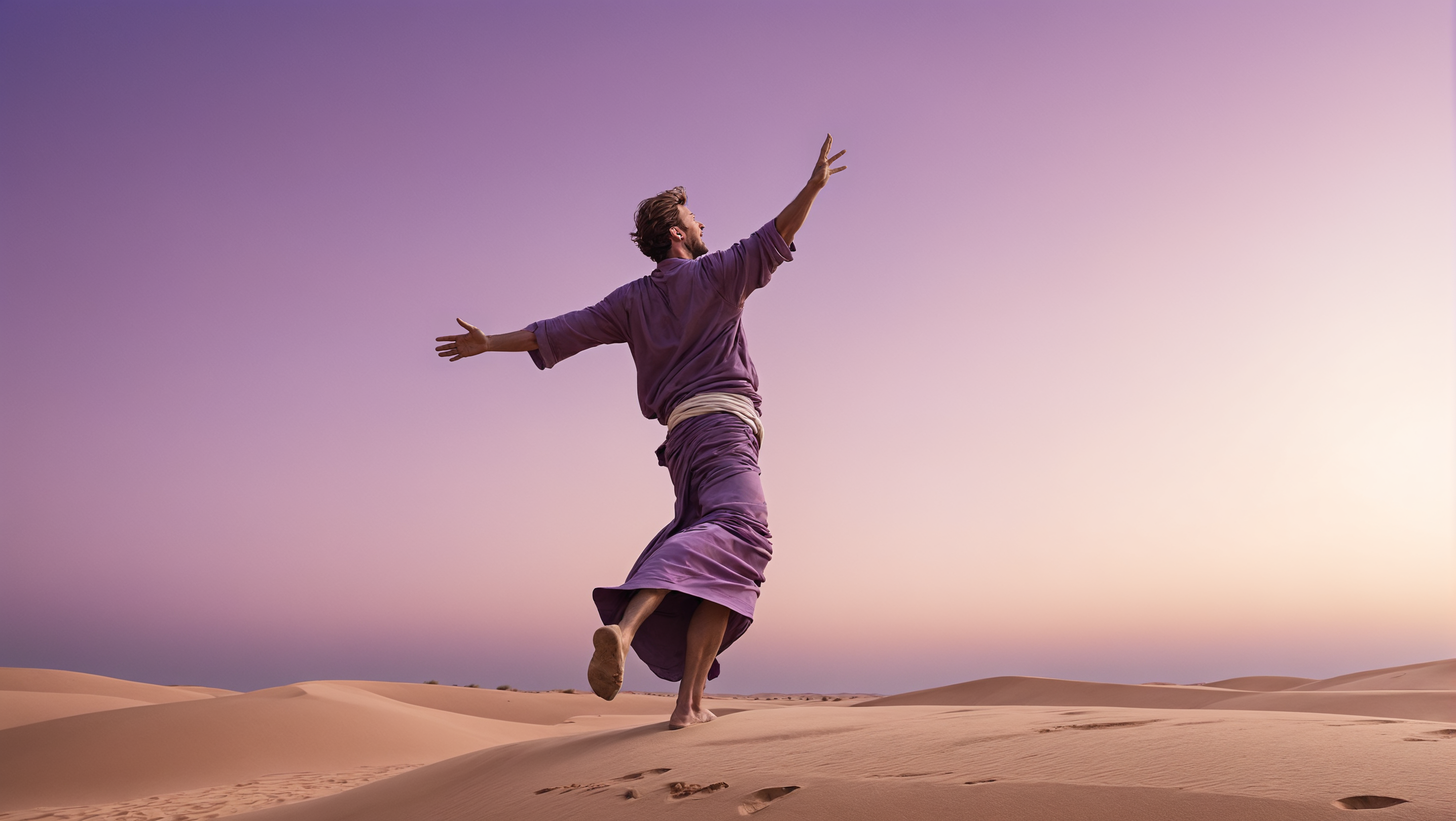 Hyperrealistic art A whirling sound column looking like a man,outstretched arms,runs over a sandy dune,in a desert,under a breathtaking violet gradient sky,
<lora:Landscapes-v1.1:0.8>, . Extremely high-resolution details, photographic, realism pushed to extreme, fine texture, incredibly lifelike