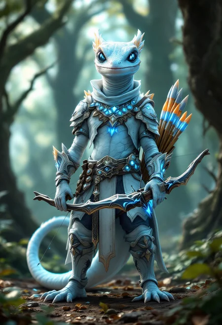 A 3D render of a magnificent white gecko hero with a shining, otherworldly glow. The gecko is standing proudly in an enchanting forest. The gecko's sleek scales and elegant armor blend silver and supple leather, adorned with intricate designs and glowing blue gemstones, showcasing its intelligence and determination. The gecko confidently holds a finely crafted crossbow, ready to face any obstacle, while its quiver filled with stylized bolts rests on its back. The forest, with its ancient trees, creates a mystical ambiance as the ethereal light filters through the canopy, enhancing the overall sense of wonder.