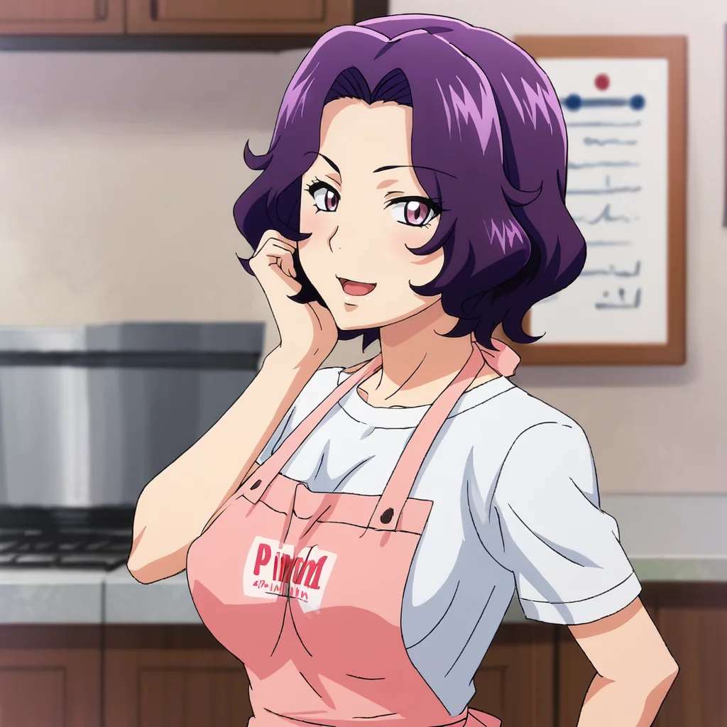 <lora:Azuza_pony_v1:.8>AzusaApron, 1girl, purple hair, apron, purple eyes, short hair, shirt, breasts,  cowboy shot