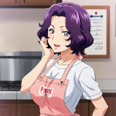<lora:Azuza_pony_v1:.8>AzusaApron, 1girl, purple hair, apron, purple eyes, short hair, shirt, breasts,  cowboy shot