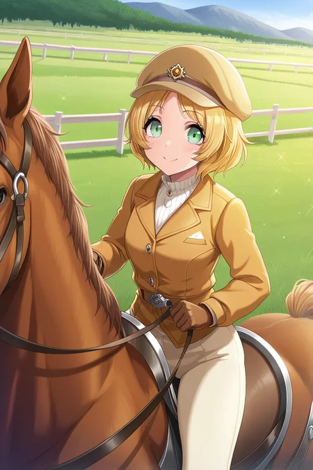 masterpiece, best quality, amazing quality,
 <lora:Miiko_IL:1> miiko, 1girl, blonde hair, horse, green eyes, gloves, hat, outdoors, riding, solo, horseback riding, smile, reins, day, pants, looking at viewer, brown gloves, jacket