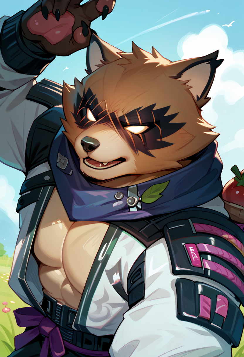 score_9, score_8_up, score_7_up, hi res, high quality, h4j1me, fortnite, furry, 1boy, solo, bara, <lora:Hajime_Fortnite:1>