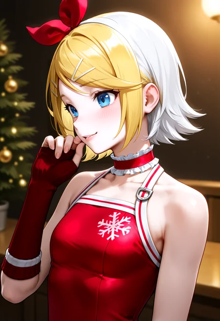 IllustriousQual <lora:StS-Illustrious-Detail-Slider-v1.0:2> <lora:cfg_scale_boost:0.3> <lora:Frosted_Flurry_IL_-_V1:0.8> FrostedFlurryIL, female, white hair, blue eyes, holiday outfit, snowflake-themed, buzz cut, short hair, fingerless glove,detailed_background,indoors,hand up,hair ornament,bare shoulders,project sekai,frilled choker,aqua eyes,frills,vocaloid,choker,sleeveless shirt,blonde hair,absurdres,highres,gradient background,blush,short hair,kagamine rin,sleeveless,frilled shirt,official alternate costume,red choker,closed mouth,1girl,flipped hair