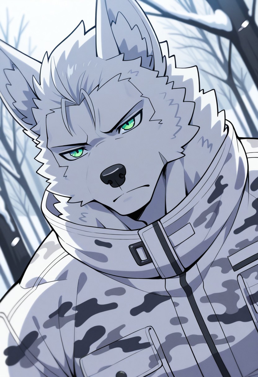 <lora:AlexDT:0.8>, solo, alex, wolf boy, male, manly, masculine, green eyes, white jacket, camouflage, face focus, portrait, upper body, dutch angle, snow, nature BREAK unparalleled masterpiece, best quality, amazing quality, very aesthetic, high resolution, dynamic lighting, extremely-detailed, depth of field, newest, scenery, detailed fur, detailed muscles