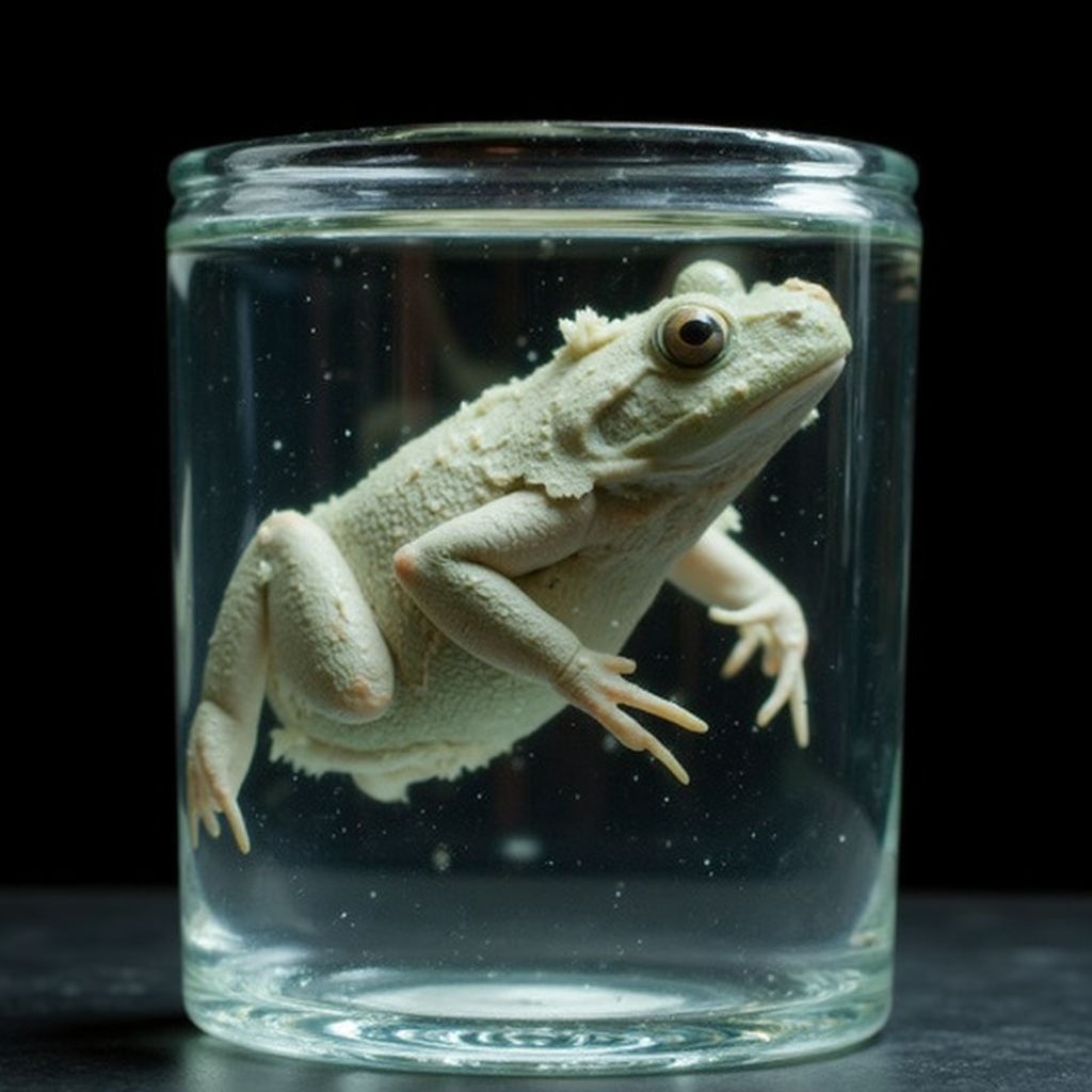 Photography close-up a very distorted frog floating in a cylindrical glass preserved in formaldehyde. The frog is light greyish and decaying with flaky skin, limp limbs outstretched. In a sheld in a dark laboratory <lora:refraction-000111:1>