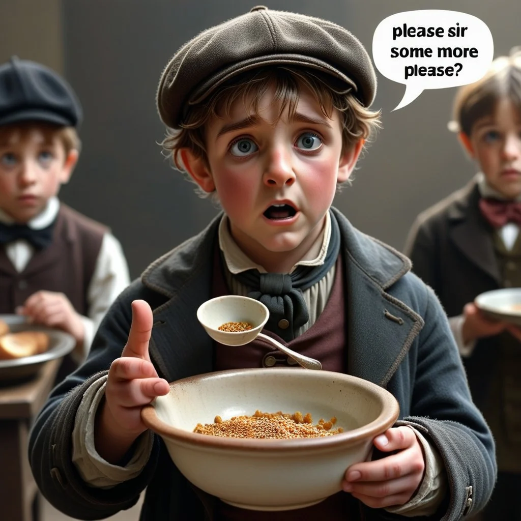 buzz, (Realistic:1.2), oliver twist holding an empty bowl with subtitles "please sir may I some more Buzz please", <lora:buzz-text:.9>