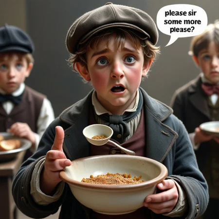 buzz, (Realistic:1.2), oliver twist holding an empty bowl with subtitles "please sir may I some more Buzz please", <lora:buzz-text:.9>