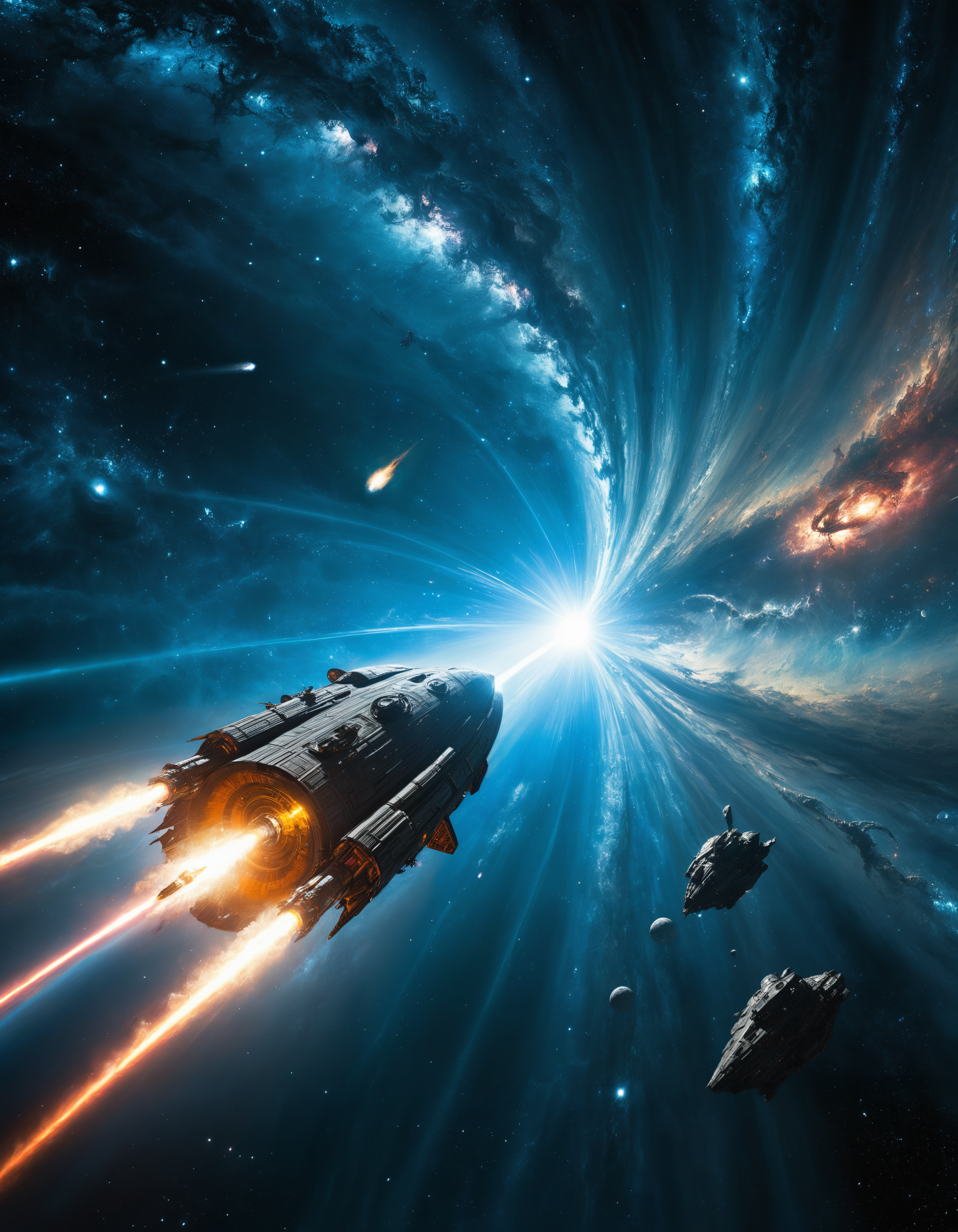 by Edwin Austin Abbey and Frank Miller, hyper realistic medium full shot photo of  a (massive spaceship traveling through a wormhole, surrounded by swirling cosmic energy:1.1),  (dangerous , brilliant , masterful:1.4), poster art, bold lines, hyper detailed, award winning,  dark limited color palette, high contrast, depth of field, (intricate details, masterpiece, best quality:1.4)
overcast lighting,  looking at viewer, dynamic pose, wide angle panoramic view,
<lora:add-detail-xl:0.5> <lora:xl_more_art-full_v1:0.5> <lora:looking_at_viewer:2>