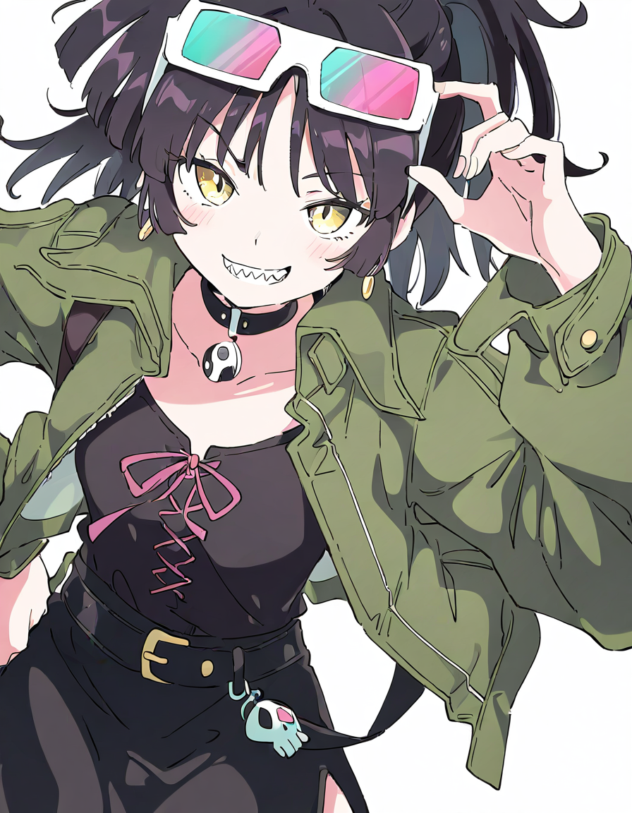 ananlee,1girl,solo,looking at viewer,sunglasses,white background,simple background,cowboy shot,<lora:ananlee-000012:1>,smile,black skirt,black shirt,sharp teeth,, masterpiece, best quality, very aesthetic, absurdres,newest, incredibly absurdres,, (Ixy:0.6)),(hiten \(hitenkei\):0.7),