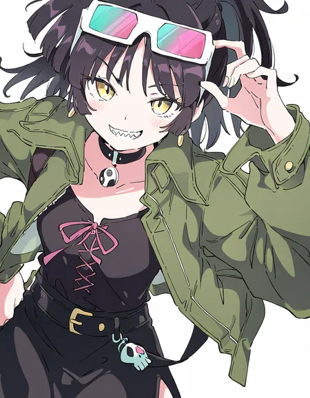 ananlee,1girl,solo,looking at viewer,sunglasses,white background,simple background,cowboy shot,<lora:ananlee-000012:1>,smile,black skirt,black shirt,sharp teeth,, masterpiece, best quality, very aesthetic, absurdres,newest, incredibly absurdres,, (Ixy:0.6)),(hiten \(hitenkei\):0.7),