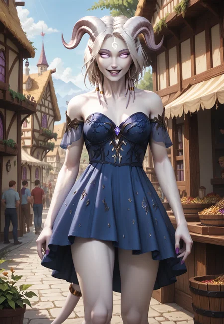 (absurdres, best quality, masterpiece:1.4), score_9, score_8_up, score_7_up, score_6_up, detailed, detailed body, detailed face, fantasy, 

culDraenei, purple eyes, no sclera, no pupils, athletic, tall, slim, pale skin, grey skin, long tail, long ears, 

(LOAwdl34pXL, minidress, strapless), 

smile, 

outdoors, wooden village background, ((multiple crowds, human, varied clothing, modern clothing))