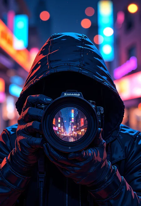 A mysterious hooded photographer stands in the heart of a neon-lit city at night, his face completely obscured by the large camera lens aimed directly at the viewer. The hood casts deep shadows over his face, making the glowing reflections in the lens the only visible âeyes.â The background is an explosion of vibrant bokeh lightsâsoft, blurred circles of electric blues, neon pinks, fiery oranges, and deep purples from the bustling urban streets. Raindrops glisten on his jacket, catching the city lights. His gloved hands grip the camera firmly, the lens reflecting distorted images of the chaotic metropolis behind him. The scene is cinematic, evoking mystery, intrigue, and the feeling of being watched yet unseen.