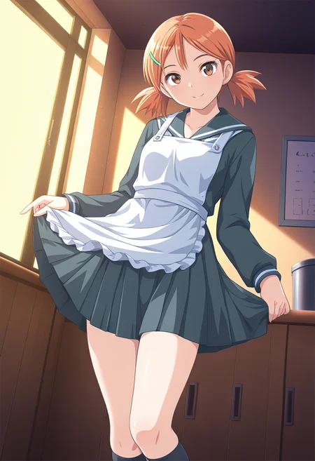 masterpiece, best quality, amazing quality, 1girl, solo, cowboy shot, ikukoww, brown eyes, orange hair, short hair, twintails, short twintails, hair ornament, hairclip, small breasts, school uniform, dark grey serafuku, long sleeves, dark grey pleated skirt, apron, black socks, looking at viewer, smile, indoors, skindentation, detailed clothing folds, depth of field, sharp, high contrast, dynamic light <lora:Shintaisou_Shin_Ikuko_Takemoto_ill:0.9>