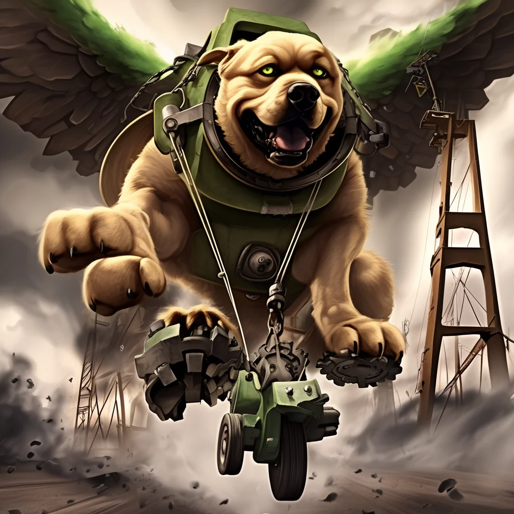 giant, gearling, cogs, green eyes, standing, dog, golem, army, strike, yellow eyes, wings, bird, construction gear, scenery, smoke, driving, realistic, look past viewer, swing motion, tail, swirl