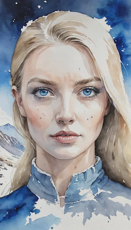 Positiv Clip L
  ink watercolor mix, closeup of a woman with blue eyes, mountains
Positive Clip G
  ink watercolor mix, closeup of a woman with blonde hair and expressive blue eyes snow-capped mountains in the background
---------