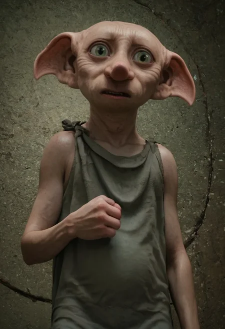 dobby_free, 1male, short, bald, large green eyes, long nose, long pointed ears, pale skin, sleeveless light grey rags clothes, brown shoes, score_8_up, score_7_up, BREAK, solo, looking at viewer, scared, from below, clenched hands, head tilt, male focus, looking at viewer, detailed background, 4k, masterpiece, best quality, highly detailed, realistic, 3d, low angle shot,