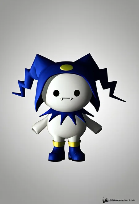 score_9, score_8_up, BREAK, solo, Jack Frost ((jackfrostsmt, creature, white skin, solid oval eyes, :d, fangs, jester cap, blue footwear,)), Final Fantasy VII overworld sprite ((ffviichibis, chibi, standing, full body, white background))
