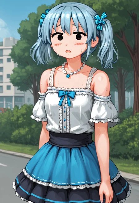 score_4,score_5,score_6,score_7_up,score_8_up,score_9 ((masterpiece,best quality,ultra detailed,highres,HD,4k:1.2)),
jyuukyuu, flat color, deformed, deformed characters, round face,
 ((mob face,black eyes, eyes filled with black)),
1 cute girl,solo,girl forcus,solo forcus, 
outdoors,
silver hair,twintails, necklace, bare shoulders, jewelry, pantyhose, blue hair ornament, skirt,frill, blush,open mouth,sweat,