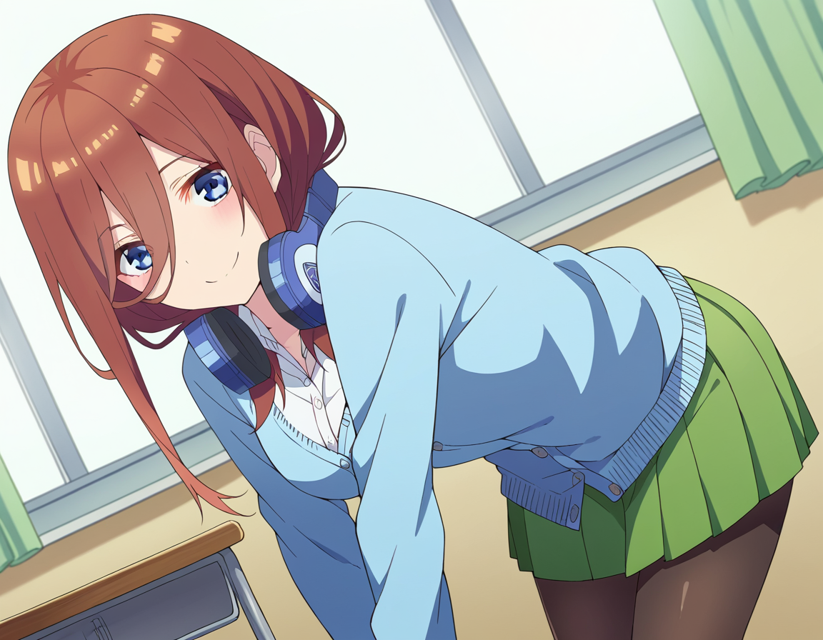 score_9, score_8_up, score_7_up, source_anime,
mikunakano, <lora:miku-nakano-s2-ponyxl-lora-nochekaiser:1>, 
miku nakano, long hair, bangs, blue eyes, brown hair, shirt, hair between eyes, headphones, cardigan, headphones around neck,
skirt, shirt, long sleeves, white shirt, pantyhose, pleated skirt, black pantyhose, cardigan, green skirt, blue cardigan,
indoors, classroom, smile, bent over,
looking at viewer, cowboy shot, dutch angle, solo,