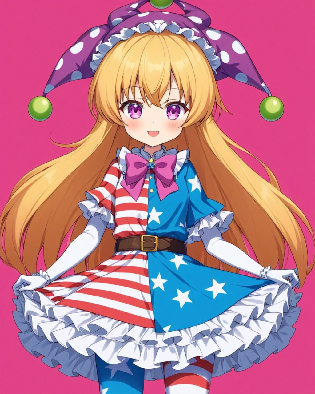 clownpiece,1girl, solo, american_flag_legwear, tongue_out, polka_dot, jester_cap, white_gloves, pantyhose, looking_at_viewer, polka_dot_headwear, striped_dress, american_flag_dress, star_\(symbol\), neck_ruff, jewelry, no_wings, frills, red_bowtie, adapted_costume, smile, star_print, sash, cowboy_shot, pink_background, blush, petticoat, hand_on_hip, standing, purple_headwear
<lora:clownpiece_image6545_2023-12-20:1>,star-shaped_pupils,symbol-shaped_pupils,. gorgeous,key visual, vibrant, studio anime,award-winning, professional, highly detailed,high budget, cinemascope