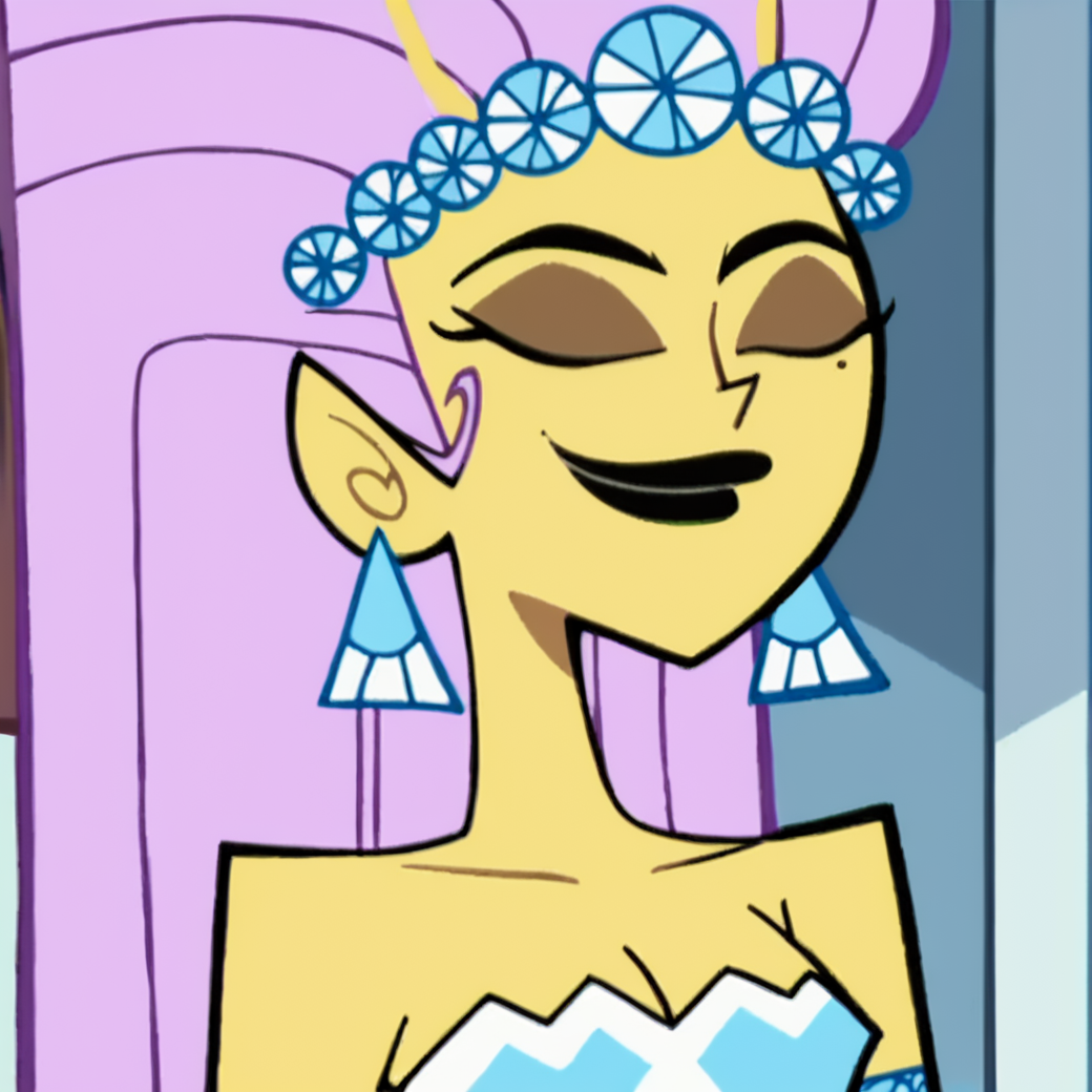 score_9, score_8_up, score_7_up, score_6_up, score_5_up, score_4_up, BREAK, <lora:Princess_Mandie:1>, princess mandie, 1girl, solo, breasts, smile, cleavage, bare shoulders, jewelry, closed eyes, upper body, earrings, colored skin, pink hair, long hair, black lips, green eyes, pointy ears, yellow skin
