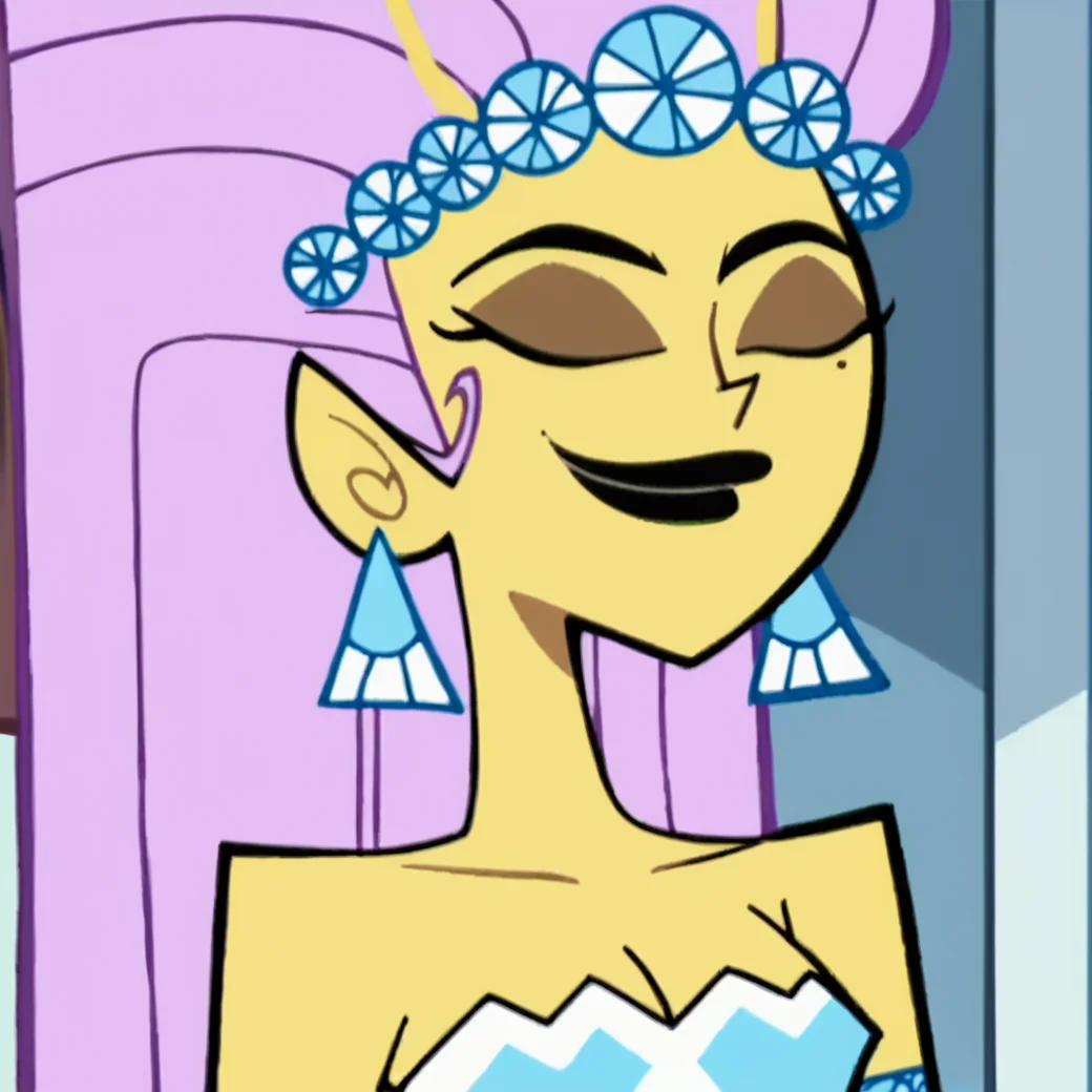 score_9, score_8_up, score_7_up, score_6_up, score_5_up, score_4_up, BREAK, <lora:Princess_Mandie:1>, princess mandie, 1girl, solo, breasts, smile, cleavage, bare shoulders, jewelry, closed eyes, upper body, earrings, colored skin, pink hair, long hair, black lips, green eyes, pointy ears, yellow skin