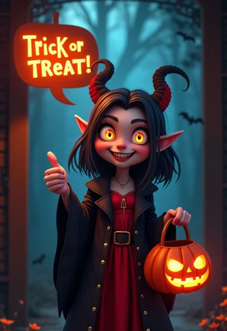 close up cinematic photo, a cute vampire lady, happy facial expression, (looking at the viewer), holding a pumpkin shaped bucket, thumbs up, speech bubble saying ''Trick Or Treat!'', night time, woods, at doorstep, highly detailed, illustration, high quality, clear, 4k,