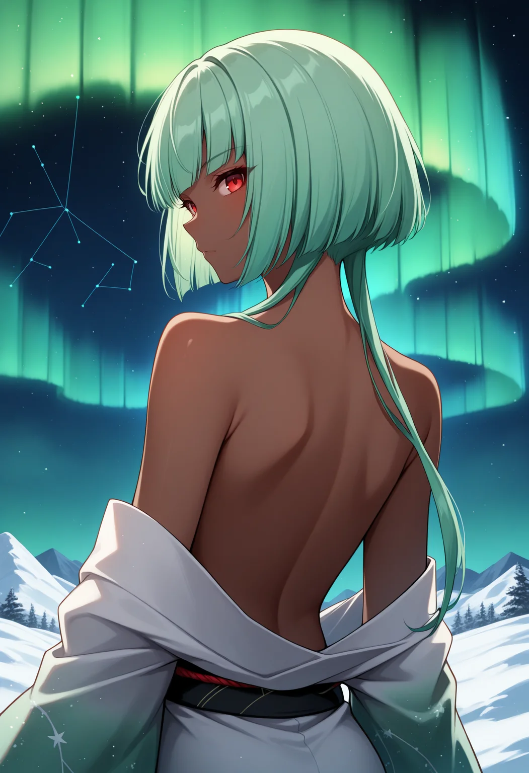 masterpiece, best quality, 1girl, solo, EmeraldSustrai, dark skin, red eyes, green hair, short hair with long locks, looking back, aurora, back, bare back, bare shoulders, constellation, from behind, kimono, light particles, long sleeves, off shoulder, <lora:ChamEmeraldSustraiIllustriousXL:1>
