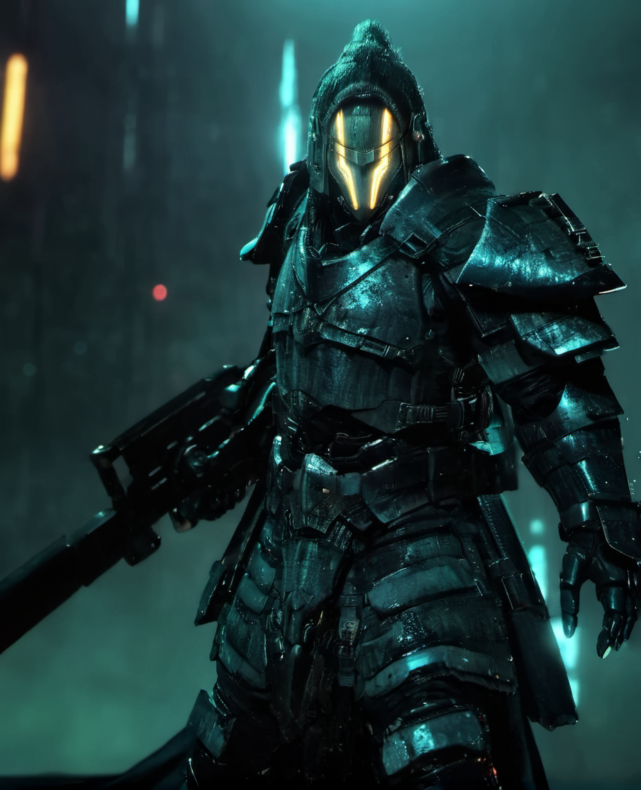 bleakfaith,a armored god in a dark suit with glowing features holding a weapon,science fiction,highly detailed, sharp definition ,cinematic,50nm dof,bokeh,realistic,sharp focus,ultra detailed,128k uhd,awardwinning,trending on artstation, <lora:bleakfaith-000004:1>, <lora:add-detail-xl:2>