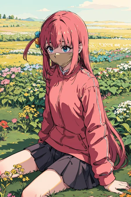 ((OTN)), masterpiece, best quality, highres, gotou1, gotou hitori, solo, skirt, pink jacket, track jacket, bangs, hair between eyes, long sleeves, <lora:gotou_hitori_v1:0.7>, sitting, field, shaded face